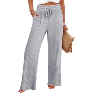 image:imageANRABESS Womens Ribbed Knit Lounge Pajama Pants Soft Fuzzy Comfy Wide Leg Drawstring Fall Loose Pj Bottoms with PocketsGrey