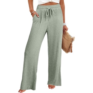 image:imageANRABESS Womens Ribbed Knit Lounge Pajama Pants Soft Fuzzy Comfy Wide Leg Drawstring Fall Loose Pj Bottoms with PocketsLight Green