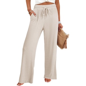 image:imageANRABESS Womens Ribbed Knit Lounge Pajama Pants Soft Fuzzy Comfy Wide Leg Drawstring Fall Loose Pj Bottoms with PocketsLight Khaki