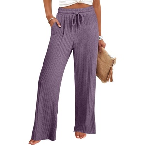 image:imageANRABESS Womens Ribbed Knit Lounge Pajama Pants Soft Fuzzy Comfy Wide Leg Drawstring Fall Loose Pj Bottoms with PocketsPurple