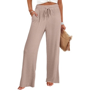image:imageANRABESS Womens Ribbed Knit Lounge Pajama Pants Soft Fuzzy Comfy Wide Leg Drawstring Fall Loose Pj Bottoms with PocketsTan