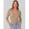 image:imageANRABESS Womens Long Sleeve Deep V Neck Tops  Basic Tee Shirt Slim Fit Stretchy Soft Breathable Rib Knit Fabric Fall Winter Layer Casual Work VacationEvery Day WearLight Khaki