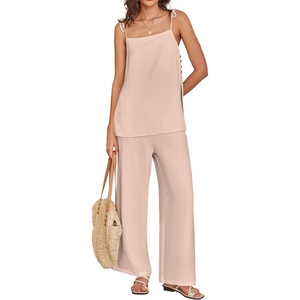 image:imageANRABESS Womens 2 Piece Summer Sets Casual Sleeveless Top and Wide Leg Pants Set Loose Loungewear Vacation Travel OutfitsApricot