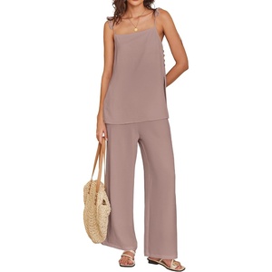 image:imageANRABESS Womens 2 Piece Summer Sets Casual Sleeveless Top and Wide Leg Pants Set Loose Loungewear Vacation Travel OutfitsLight Camel