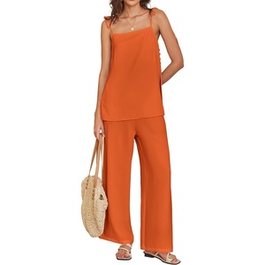 image:imageANRABESS Womens 2 Piece Summer Sets Casual Sleeveless Top and Wide Leg Pants Set Loose Loungewear Vacation Travel OutfitsOrange