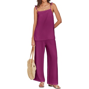 image:imageANRABESS Womens 2 Piece Summer Sets Casual Sleeveless Top and Wide Leg Pants Set Loose Loungewear Vacation Travel OutfitsPurple Red