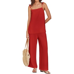 image:imageANRABESS Womens 2 Piece Summer Sets Casual Sleeveless Top and Wide Leg Pants Set Loose Loungewear Vacation Travel OutfitsRed