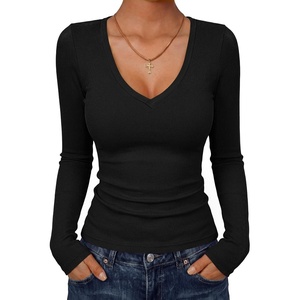 image:imageANRABESS Womens Long Sleeve Deep V Neck Tops  Basic Tee Shirt Slim Fit Stretchy Soft Breathable Rib Knit Fabric Fall Winter Layer Casual Work VacationEvery Day WearBlack