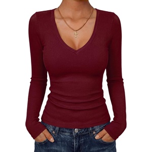 image:imageANRABESS Womens Long Sleeve Deep V Neck Tops  Basic Tee Shirt Slim Fit Stretchy Soft Breathable Rib Knit Fabric Fall Winter Layer Casual Work VacationEvery Day WearDeep Red