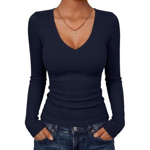 image:imageANRABESS Womens Long Sleeve Deep V Neck Tops  Basic Tee Shirt Slim Fit Stretchy Soft Breathable Rib Knit Fabric Fall Winter Layer Casual Work VacationEvery Day WearNavy Blue