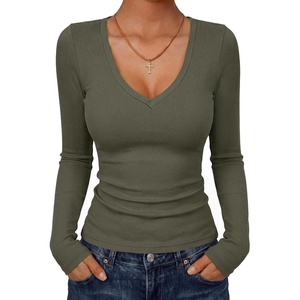 image:imageANRABESS Womens Long Sleeve Deep V Neck Tops  Basic Tee Shirt Slim Fit Stretchy Soft Breathable Rib Knit Fabric Fall Winter Layer Casual Work VacationEvery Day WearArmy Green