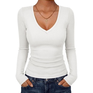 image:imageANRABESS Womens Long Sleeve Deep V Neck Tops  Basic Tee Shirt Slim Fit Stretchy Soft Breathable Rib Knit Fabric Fall Winter Layer Casual Work VacationEvery Day WearWhite
