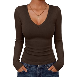 image:imageANRABESS Womens Long Sleeve Deep V Neck Tops  Basic Tee Shirt Slim Fit Stretchy Soft Breathable Rib Knit Fabric Fall Winter Layer Casual Work VacationEvery Day WearBrown