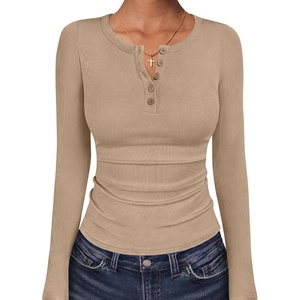 image:imageANRABESS Womens Long Sleeve Henley Tops  Ribbed Knit Shirts Slim Fit Stretchy Soft Breathable Fabric Fall Winter Layer Casual Work Travel VacationEvery Day WearLight Khaki