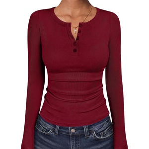 image:imageANRABESS Womens Long Sleeve Henley Tops  Ribbed Knit Shirts Slim Fit Stretchy Soft Breathable Fabric Fall Winter Layer Casual Work Travel VacationEvery Day WearDeep Red