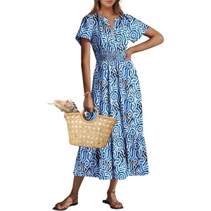 image:imageANRABESS Womens Summer Short Sleeve Maxi Dress 2026 Casual V Neck High Waist ALine Flowy Loose Tiered Boho Long DressesBlue Geometry