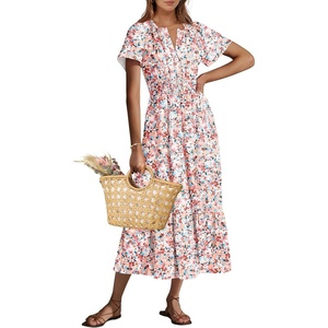image:imageANRABESS Womens Summer Short Sleeve Maxi Dress 2026 Casual V Neck High Waist ALine Flowy Loose Tiered Boho Long DressesDeep Pink Floral