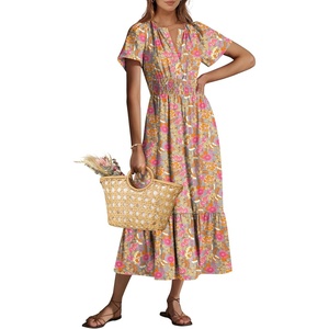 image:imageANRABESS Womens Summer Short Sleeve Maxi Dress 2026 Casual V Neck High Waist ALine Flowy Loose Tiered Boho Long DressesGrey Pink Floral