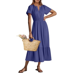image:imageANRABESS Womens Summer Short Sleeve Maxi Dress 2026 Casual V Neck High Waist ALine Flowy Loose Tiered Boho Long DressesNavy Blue