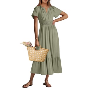 image:imageANRABESS Womens Summer Short Sleeve Maxi Dress 2026 Casual V Neck High Waist ALine Flowy Loose Tiered Boho Long DressesOlive Green