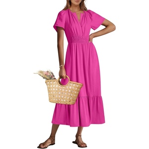 image:imageANRABESS Womens Summer Short Sleeve Maxi Dress 2026 Casual V Neck High Waist ALine Flowy Loose Tiered Boho Long DressesRed