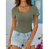 image:imageANRABESS Womens Short Sleeve Tops Built in Bra Summer T Shirts Scoop Neck Ribbed Knit Fitted Basic Tee Casual Going Out TopArmy Green