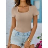image:imageANRABESS Womens Short Sleeve Tops Built in Bra Summer T Shirts Scoop Neck Ribbed Knit Fitted Basic Tee Casual Going Out TopKhaki