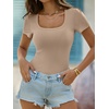 image:imageANRABESS Womens Short Sleeve Tops Built in Bra Summer T Shirts Scoop Neck Ribbed Knit Fitted Basic Tee Casual Going Out TopKhaki