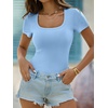 image:imageANRABESS Womens Short Sleeve Tops Built in Bra Summer T Shirts Scoop Neck Ribbed Knit Fitted Basic Tee Casual Going Out TopSky Bule