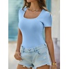 image:imageANRABESS Womens Short Sleeve Tops Built in Bra Summer T Shirts Scoop Neck Ribbed Knit Fitted Basic Tee Casual Going Out TopSky Bule