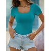 image:imageANRABESS Womens Short Sleeve Tops Built in Bra Summer T Shirts Scoop Neck Ribbed Knit Fitted Basic Tee Casual Going Out TopTeal