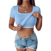 image:imageANRABESS Womens Short Sleeve Tops Built in Bra Summer T Shirts Scoop Neck Ribbed Knit Fitted Basic Tee Casual Going Out TopSky Bule