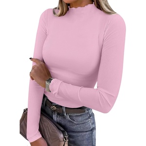 image:imageANRABESS Womens Lettuce Trim Mock Neck Long Sleeve Tops 2026 Casual Dressy Ribbed Knit Slim Fit Tee Shirt Fall Layer OutfitsBright Pink