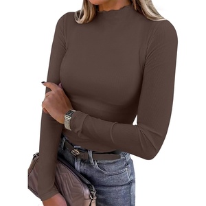 image:imageANRABESS Womens Lettuce Trim Mock Neck Long Sleeve Tops 2026 Casual Dressy Ribbed Knit Slim Fit Tee Shirt Fall Layer OutfitsCoffee