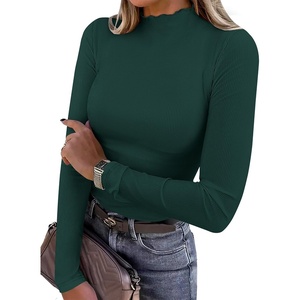 image:imageANRABESS Womens Lettuce Trim Mock Neck Long Sleeve Tops 2026 Casual Dressy Ribbed Knit Slim Fit Tee Shirt Fall Layer OutfitsDeep Green