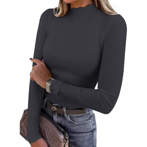 image:imageANRABESS Womens Lettuce Trim Mock Neck Long Sleeve Tops 2026 Casual Dressy Ribbed Knit Slim Fit Tee Shirt Fall Layer OutfitsDeep Grey