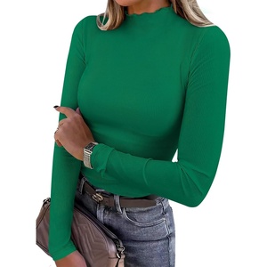 image:imageANRABESS Womens Lettuce Trim Mock Neck Long Sleeve Tops 2026 Casual Dressy Ribbed Knit Slim Fit Tee Shirt Fall Layer OutfitsGreen
