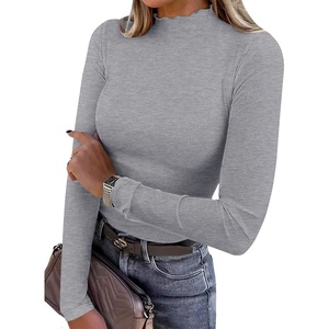 image:imageANRABESS Womens Lettuce Trim Mock Neck Long Sleeve Tops 2026 Casual Dressy Ribbed Knit Slim Fit Tee Shirt Fall Layer OutfitsGrey