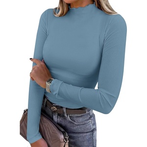 image:imageANRABESS Womens Lettuce Trim Mock Neck Long Sleeve Tops 2026 Casual Dressy Ribbed Knit Slim Fit Tee Shirt Fall Layer OutfitsGrey Blue
