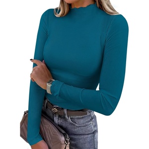 image:imageANRABESS Womens Lettuce Trim Mock Neck Long Sleeve Tops 2026 Casual Dressy Ribbed Knit Slim Fit Tee Shirt Fall Layer OutfitsLake Blue
