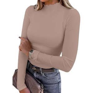 image:imageANRABESS Womens Lettuce Trim Mock Neck Long Sleeve Tops 2026 Casual Dressy Ribbed Knit Slim Fit Tee Shirt Fall Layer OutfitsLight Camel