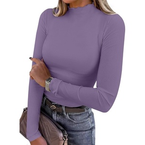 image:imageANRABESS Womens Lettuce Trim Mock Neck Long Sleeve Tops 2026 Casual Dressy Ribbed Knit Slim Fit Tee Shirt Fall Layer OutfitsPurple