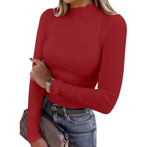 image:imageANRABESS Womens Lettuce Trim Mock Neck Long Sleeve Tops 2026 Casual Dressy Ribbed Knit Slim Fit Tee Shirt Fall Layer OutfitsRed