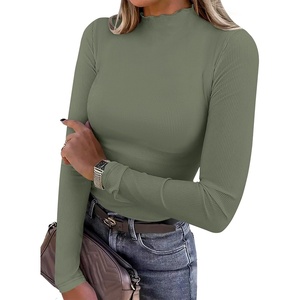 image:imageANRABESS Womens Lettuce Trim Mock Neck Long Sleeve Tops 2026 Casual Dressy Ribbed Knit Slim Fit Tee Shirt Fall Layer OutfitsSage Green