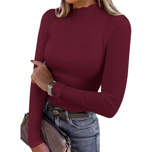 image:imageANRABESS Womens Lettuce Trim Mock Neck Long Sleeve Tops 2026 Casual Dressy Ribbed Knit Slim Fit Tee Shirt Fall Layer OutfitsWine Red