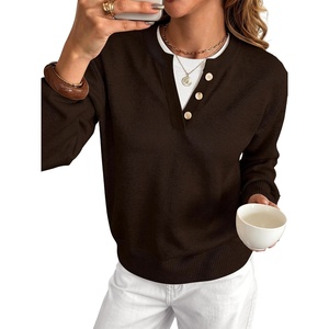 image:imageANRABESS Womens Long Sleeve Lightweight Pullover Sweaters  2 in 1 Fake Layer Crew Neck Soft Skin Friendly Button Sweater Tops Business Casual Office Daily Knit Outfit for Fall WinterCoffee
