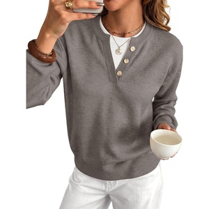 image:imageANRABESS Womens Long Sleeve Lightweight Pullover Sweaters  2 in 1 Fake Layer Crew Neck Soft Skin Friendly Button Sweater Tops Business Casual Office Daily Knit Outfit for Fall WinterGrey Khak