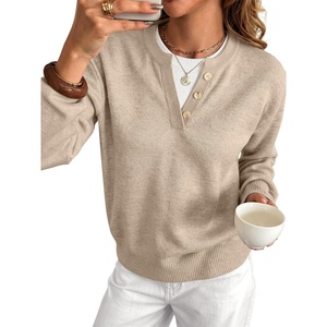 image:imageANRABESS Womens Long Sleeve Lightweight Pullover Sweaters  2 in 1 Fake Layer Crew Neck Soft Skin Friendly Button Sweater Tops Business Casual Office Daily Knit Outfit for Fall WinterAlmond