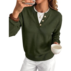 image:imageANRABESS Womens Long Sleeve Lightweight Pullover Sweaters  2 in 1 Fake Layer Crew Neck Soft Skin Friendly Button Sweater Tops Business Casual Office Daily Knit Outfit for Fall WinterArmy Green
