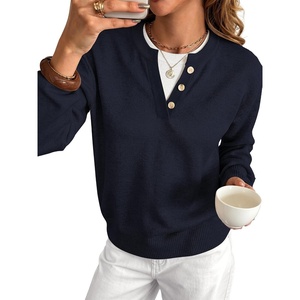 image:imageANRABESS Womens Long Sleeve Lightweight Pullover Sweaters  2 in 1 Fake Layer Crew Neck Soft Skin Friendly Button Sweater Tops Business Casual Office Daily Knit Outfit for Fall WinterNavy Blue